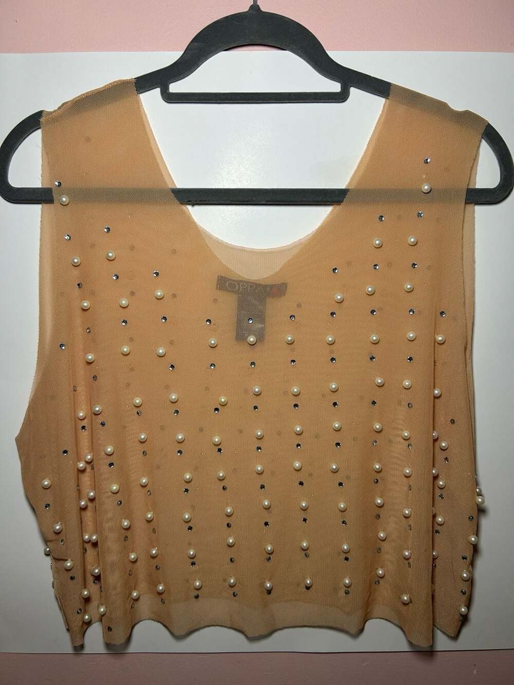OPPA! Peach Mesh Pearl and Rhinestone Embellished Tank Top Size 1X